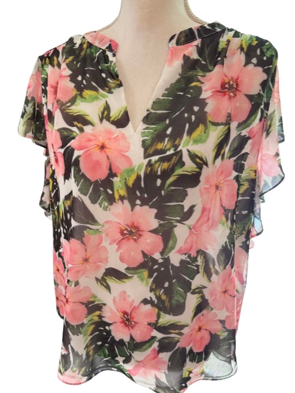 Magaschoni Women 1X Ruffle Sleeve Fully Lined Chiffon Blouse Floral